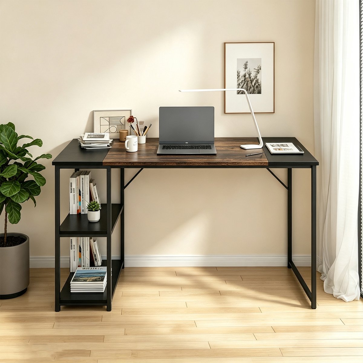 Bureau 120cm avec 2 étagères réversibles style industriel, DEMBE noir, MEUBLES COSY