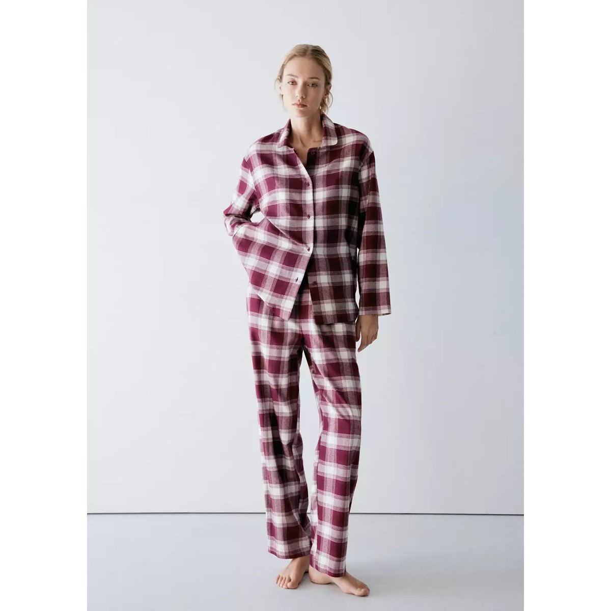 Pantalon pyjama flanelle carreaux bordeaux, MANGO