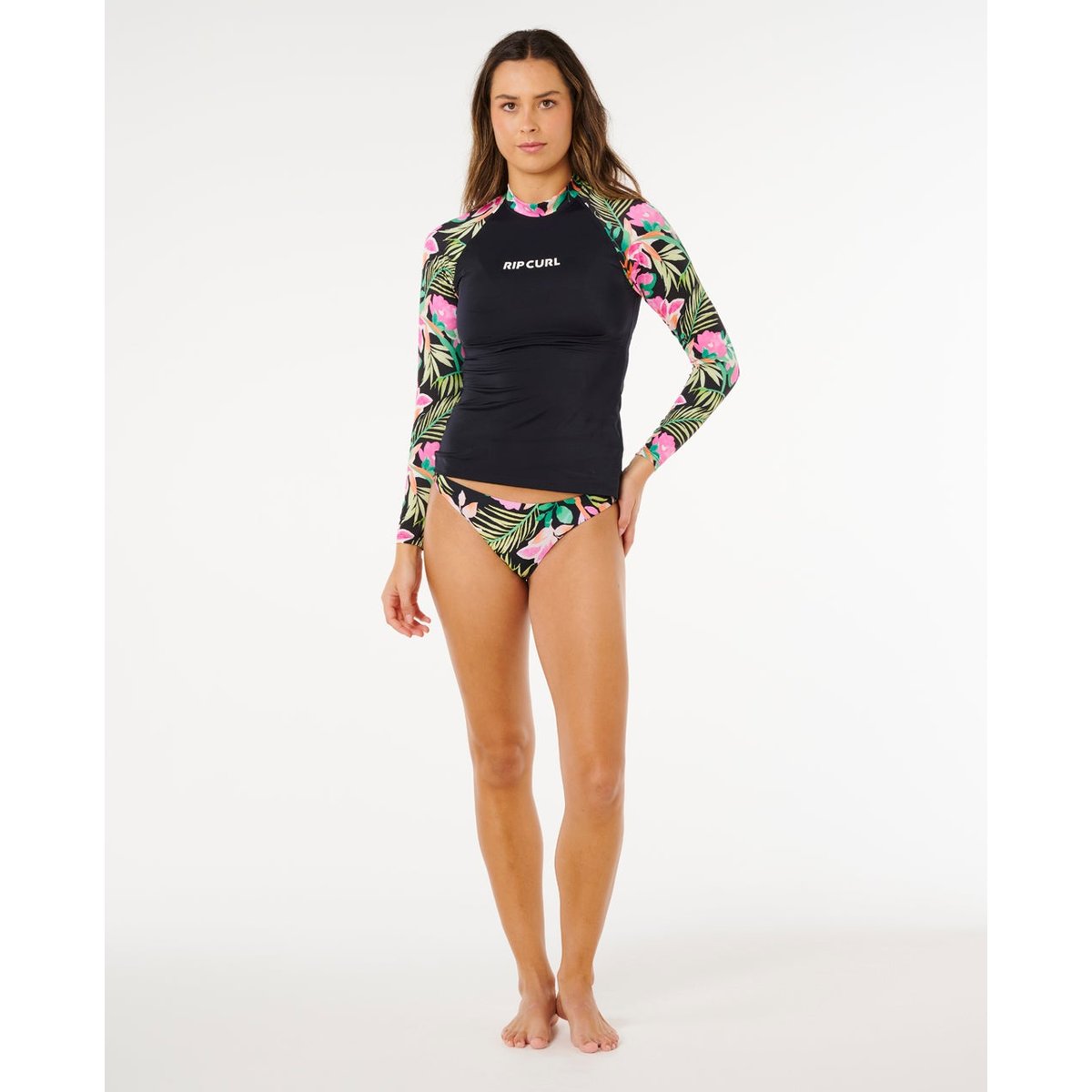 T-shirt anti-UV Molokai manches longues insert floral noir, RIP CURL