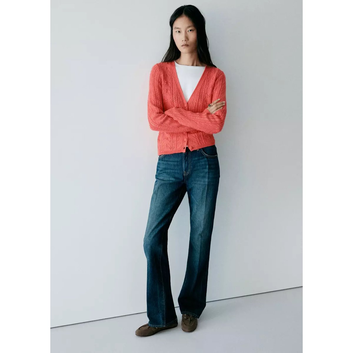 Cardigan maille ajourée corail, MANGO