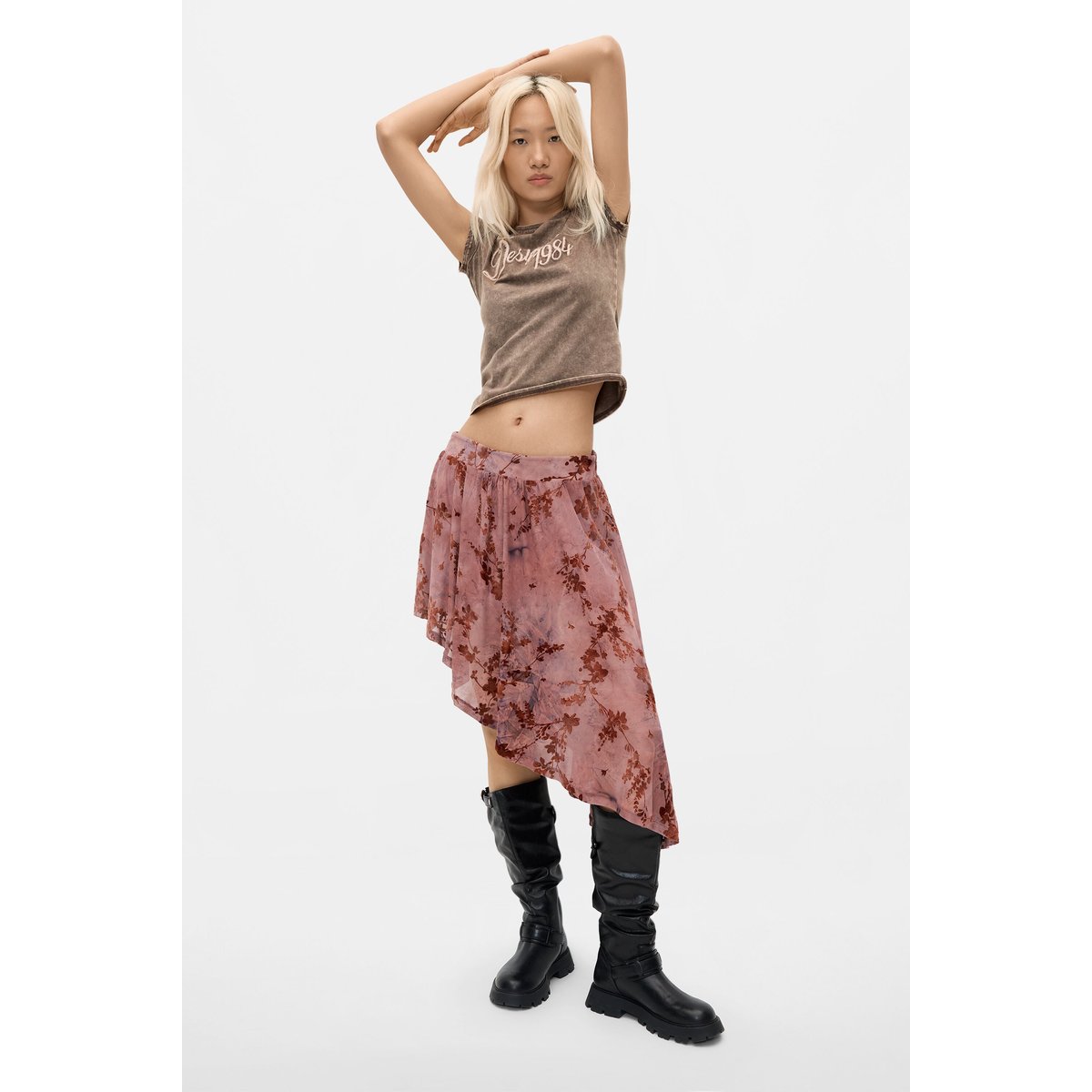 Jupe asymétrique floquée rouge, DESIGUAL