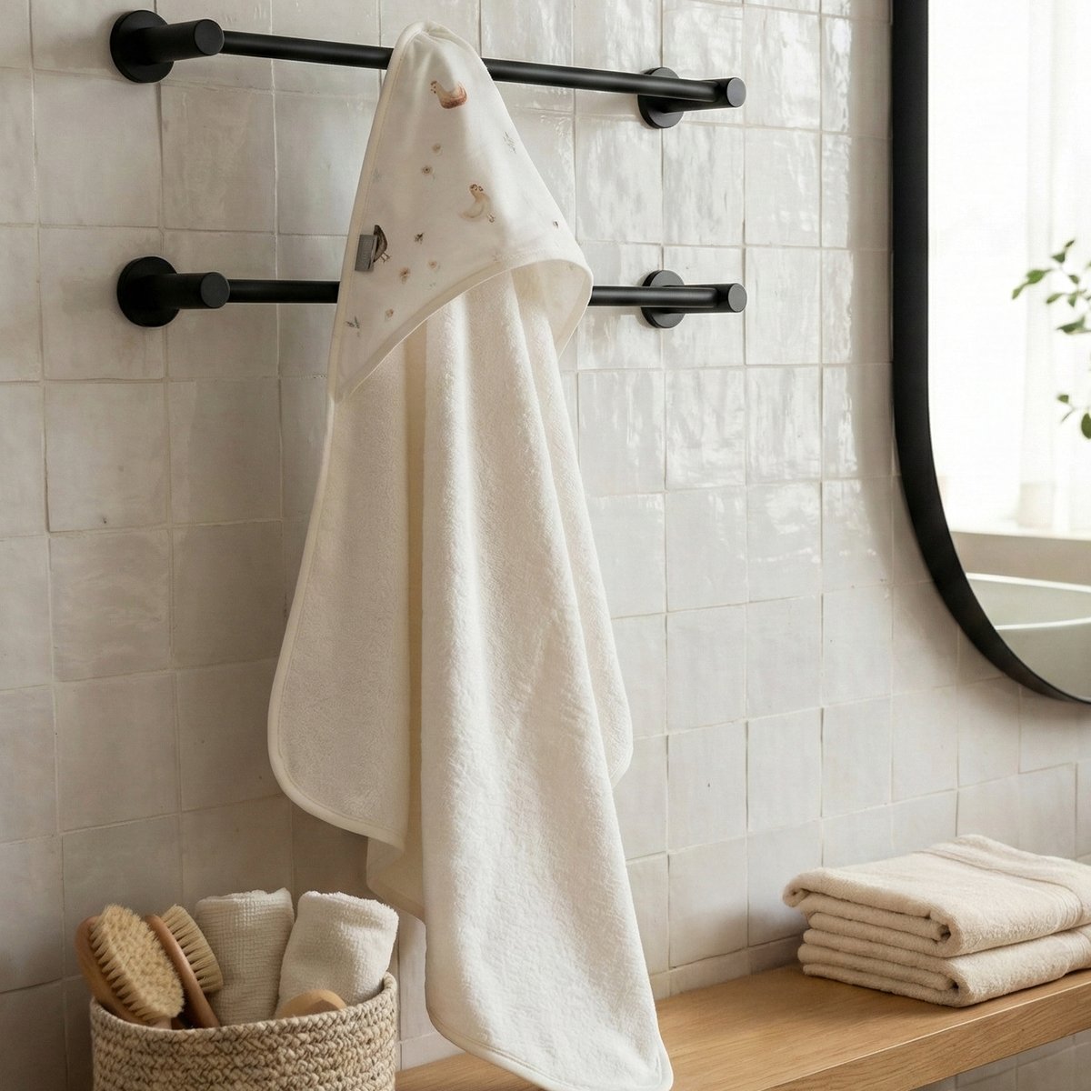 Cape de bain en bambou GALLINA écru – motif poules champêtre, SEVIRA KIDS