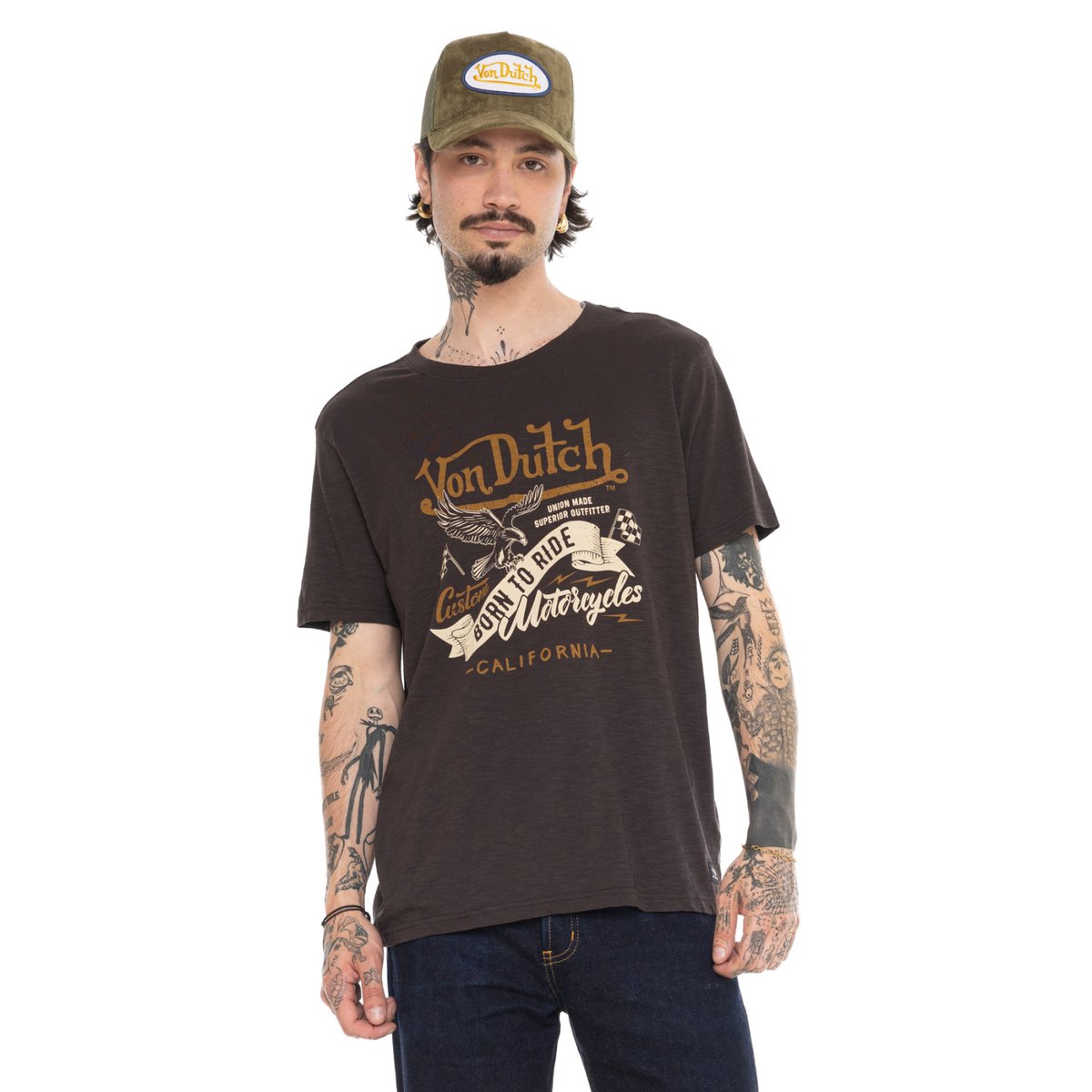 Tee shirt coton PEDRO marron foncé/ orange/beige, VON DUTCH