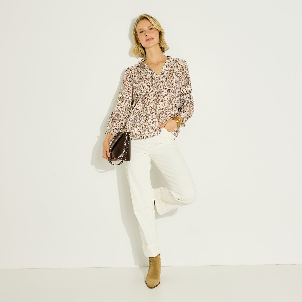 Blouse imprimé bohème col V blanc cassé ecru, GRAIN DE MALICE