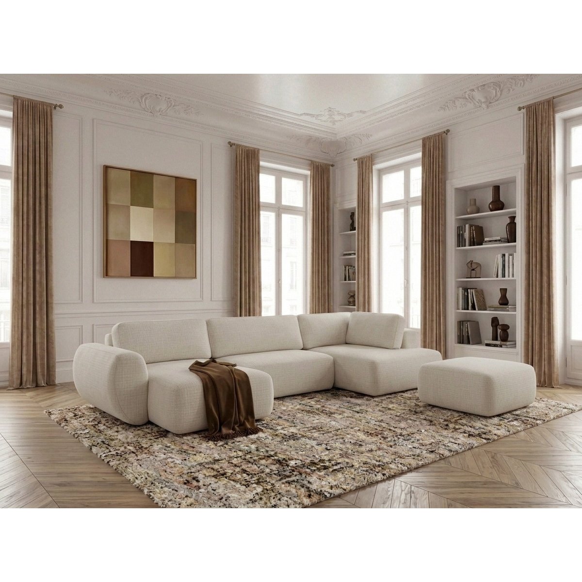 Canapé panoramique convertible 6 places en tissu texturé avec pouf, DENISE blanc, BOBOCHIC