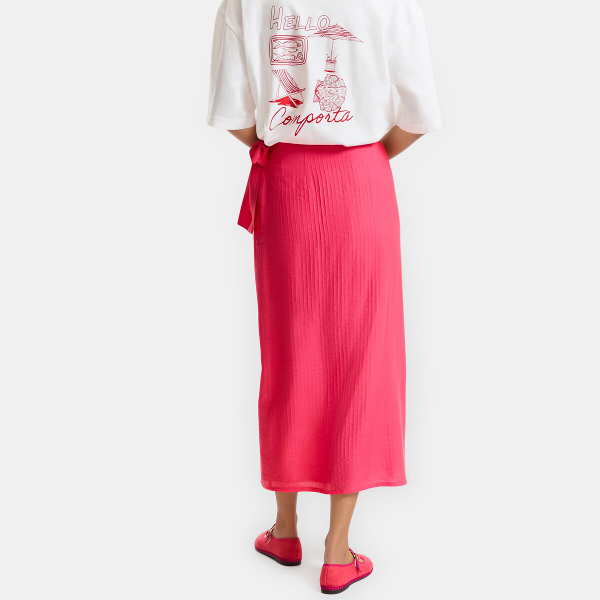 Jupe midi portefeuille à nouer rose fuchsia, LA REDOUTE COLLECTIONS