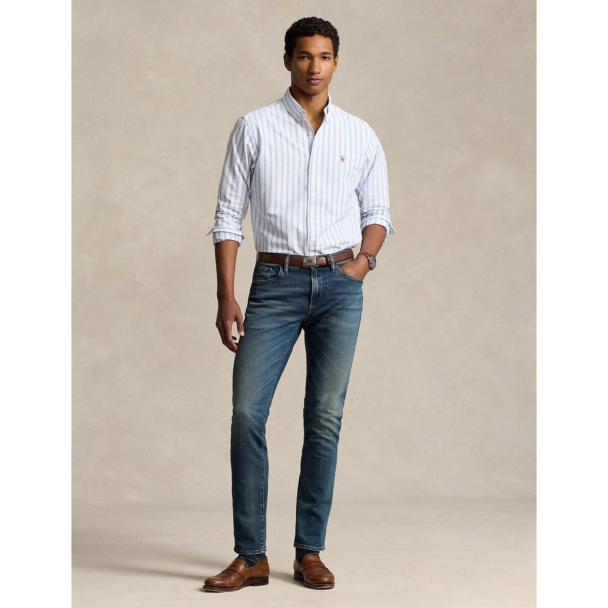 Camisa Oxford de rayas Slim Fit blanco con rayas azules, POLO RALPH LAUREN