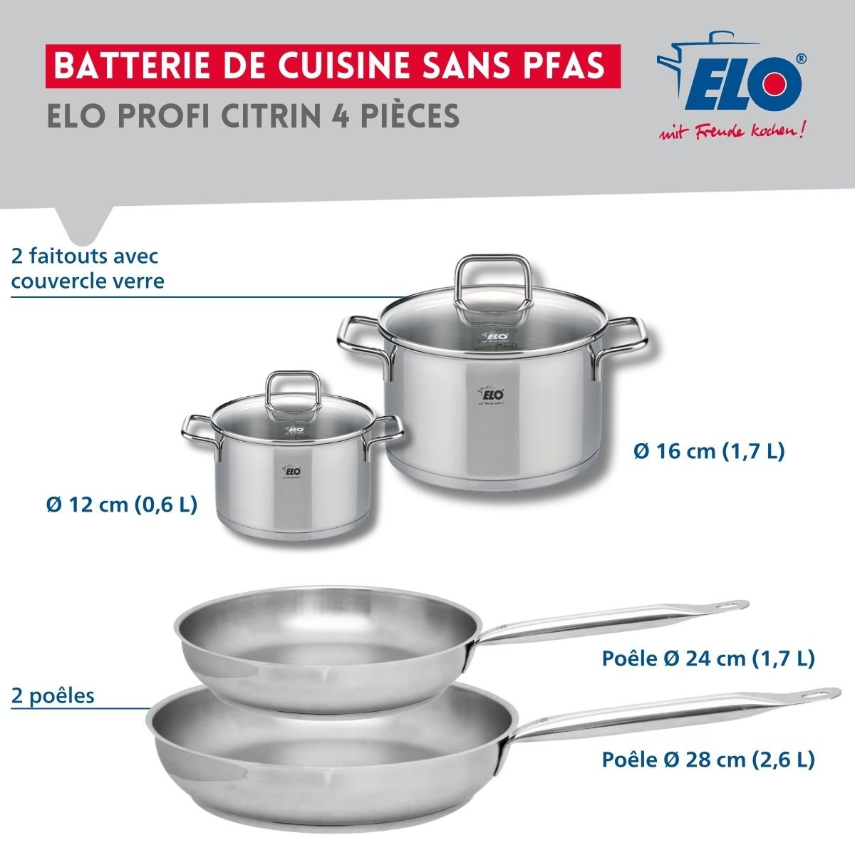 Batterie 2 poêles 24/28cm + 2 faitouts 12/16cm PROFI CITRIN gris, ELO