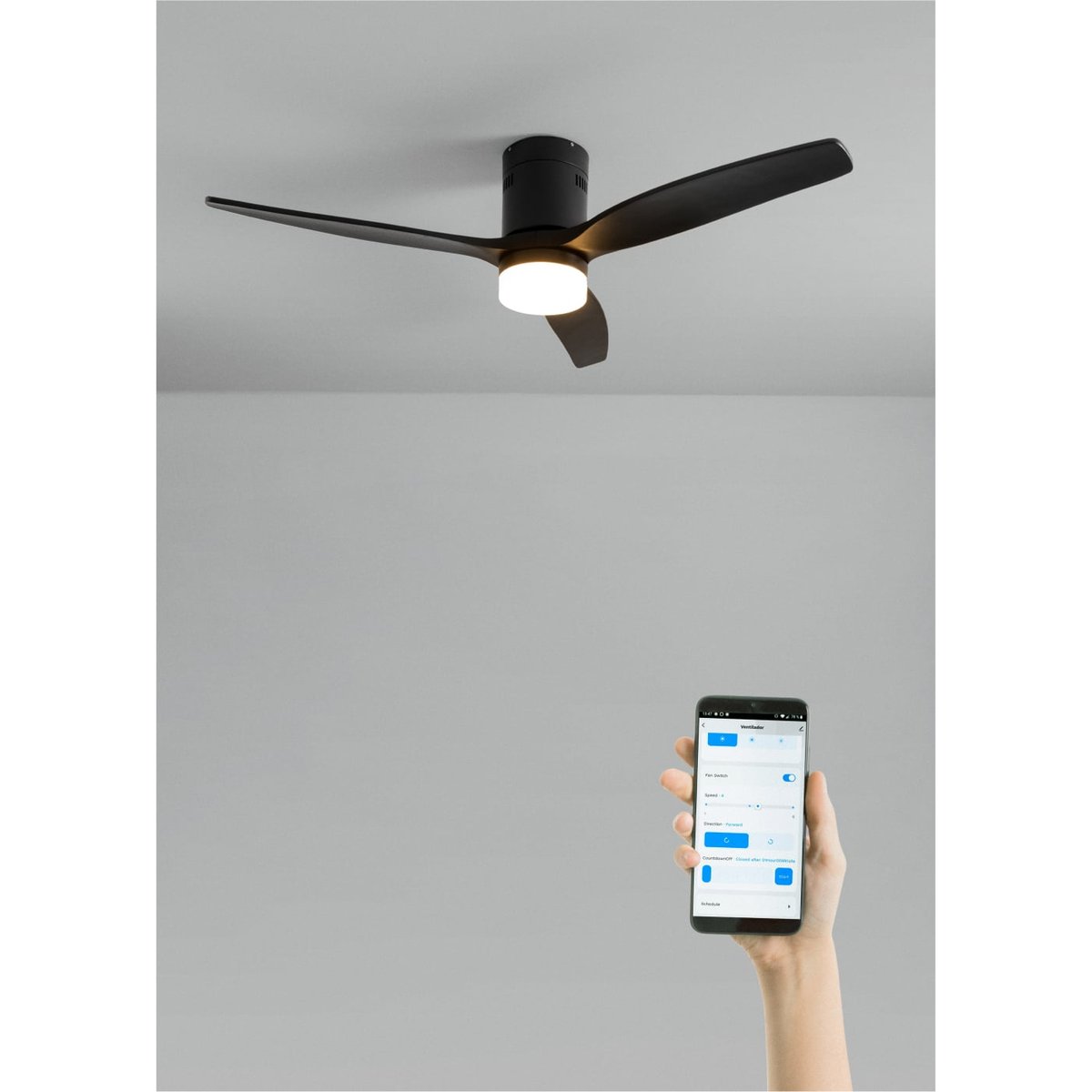 Ventilateur de plafond 40W avec lumière et Wi-Fi WIND CALM NATURAL WOOD noir/noir, CREATE
