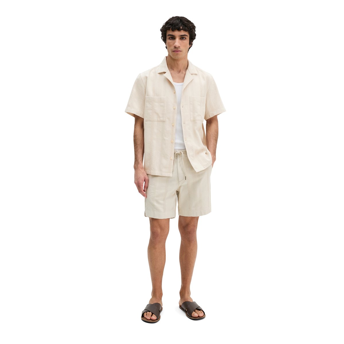 Chemise à manches courtes regular avec mélange de structures à rayures gris clair, MARC O'POLO