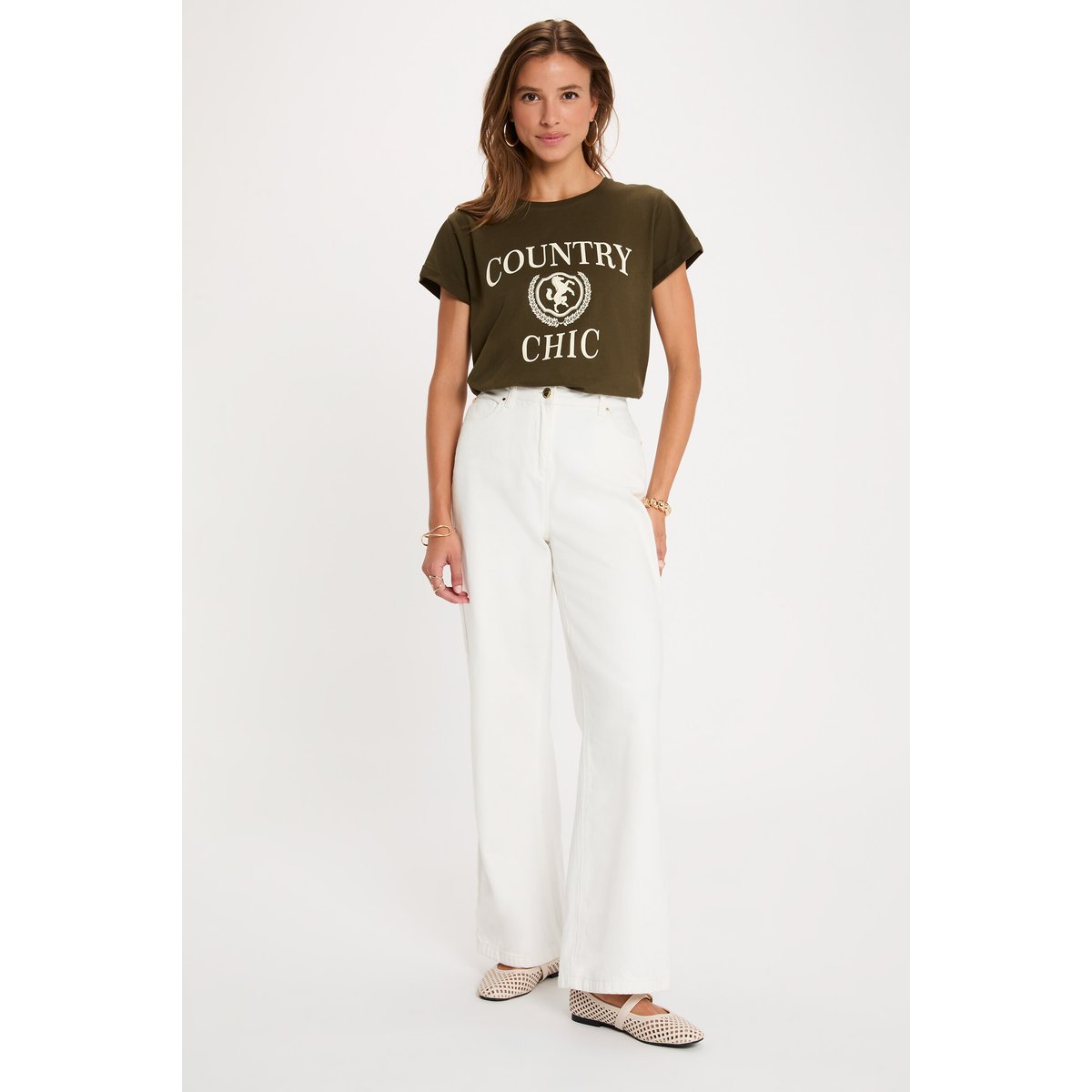 T-shirt col rond manches courtes vert kaki, MORGAN