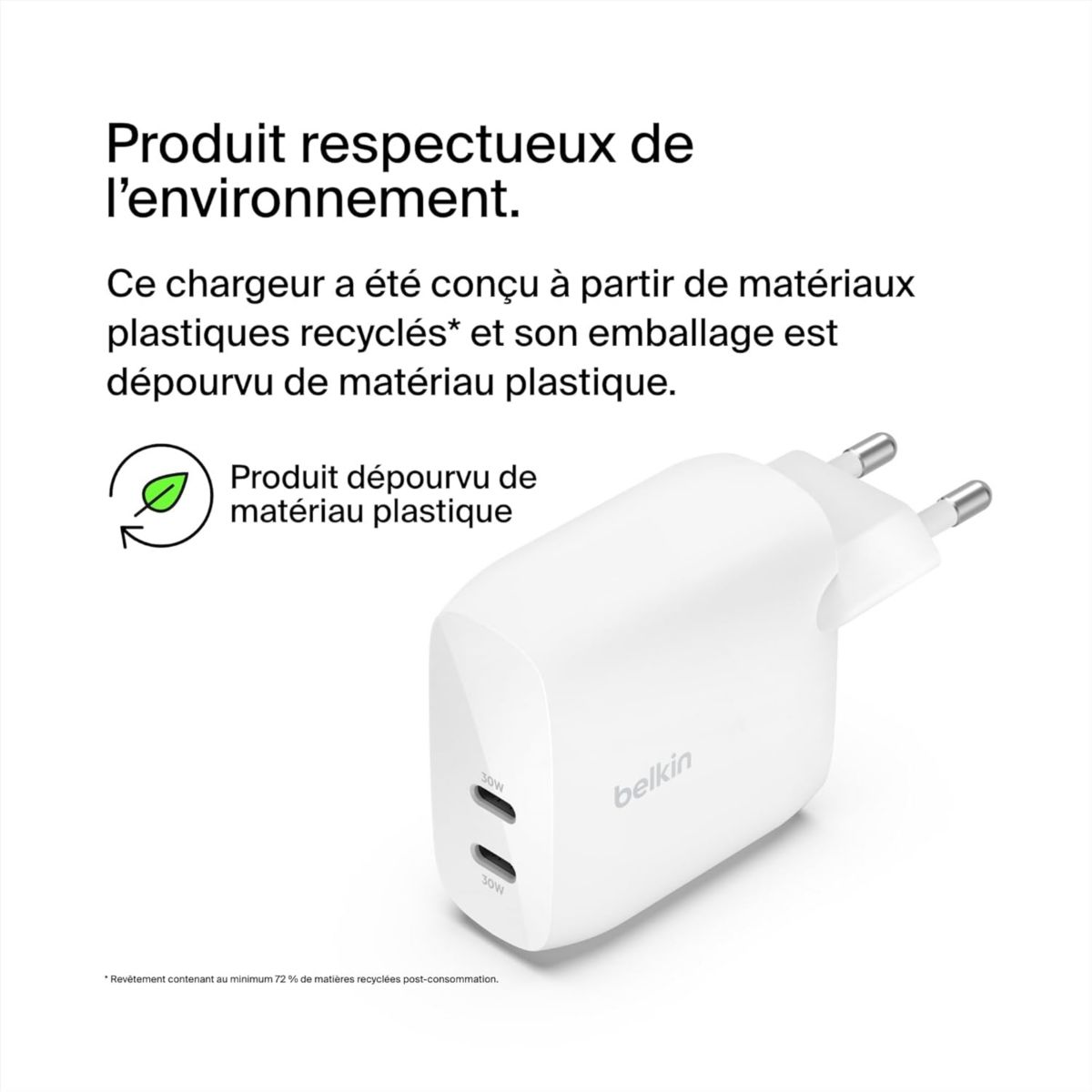 Chargeur 2x USB-C 30W Blanc couleur unique, BELKIN