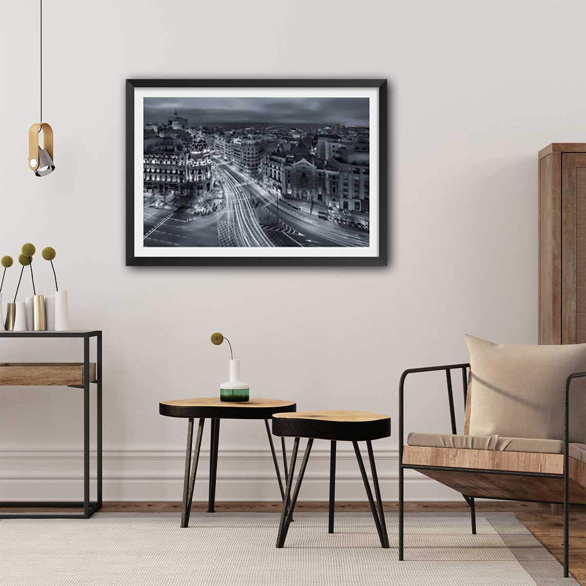 Affiche madrid city lights affiche + cadre en bois - noir, HEXOA