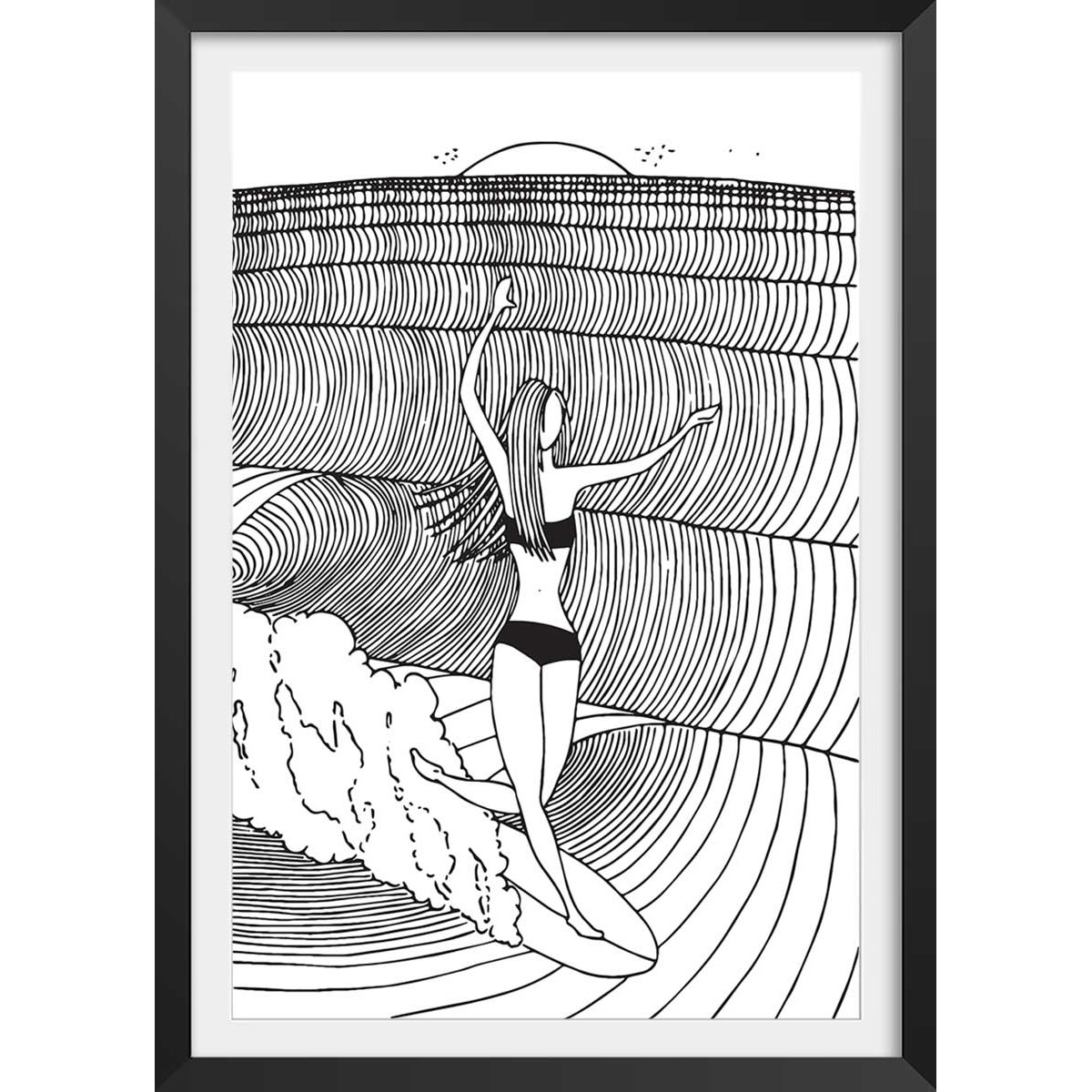 Poster surfeuse nose-riding affiche + cadre en bois - noir, HEXOA