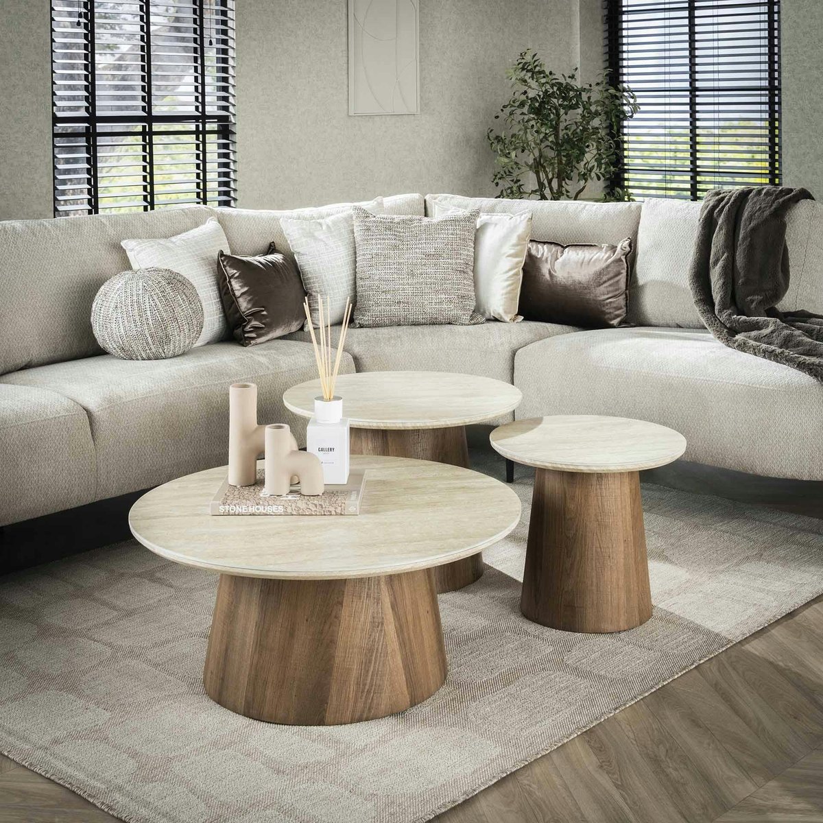 Table basse ronde en céramique (set de 3) ASCOLI beige, PIER IMPORT