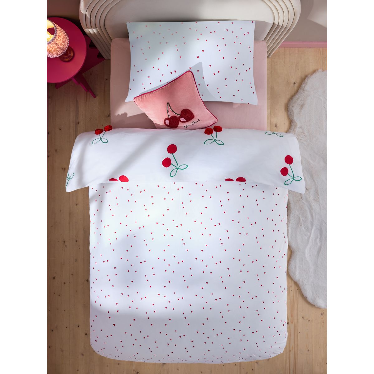 Housse de couette et taie en polycoton poms cerises rouges, NEXT