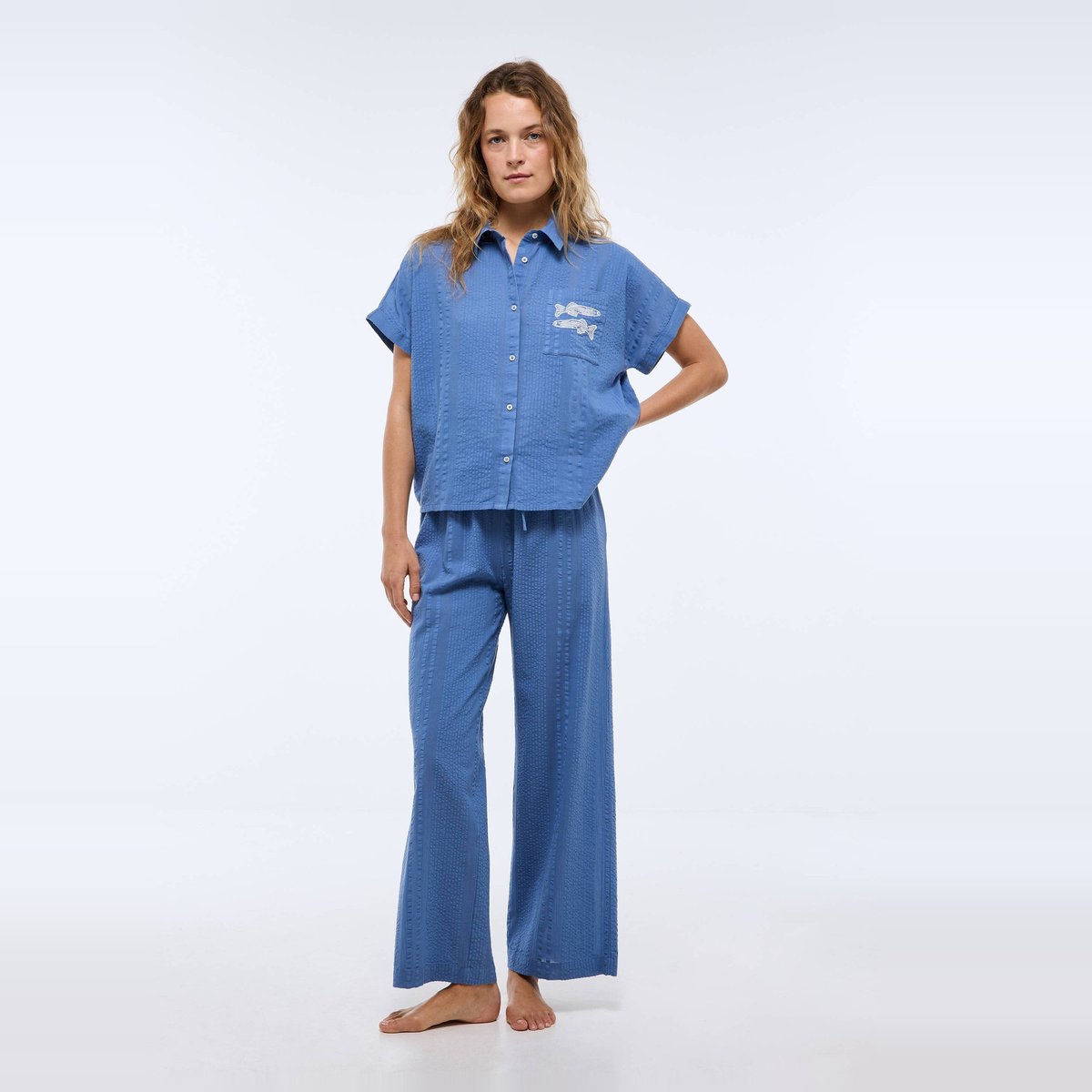 Pyjama long uni en coton avec broderie sardine riviera, MONOPRIX