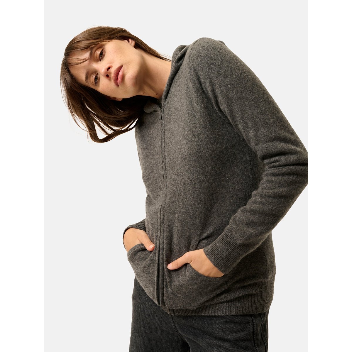 Gilet Zippé Capuche Anthracite Chiné Debbie gris anthracite chiné, JUST CASHMERE