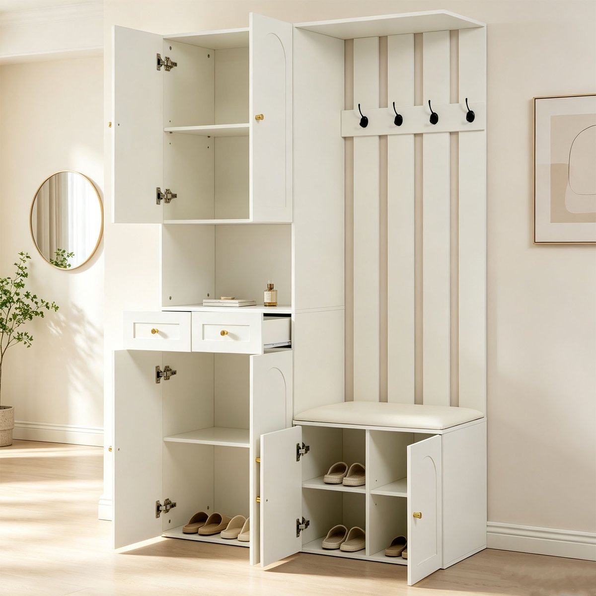 Vestiaire d'entrée avec banc et rangement, PORTER-N blanc, MEUBLES COSY