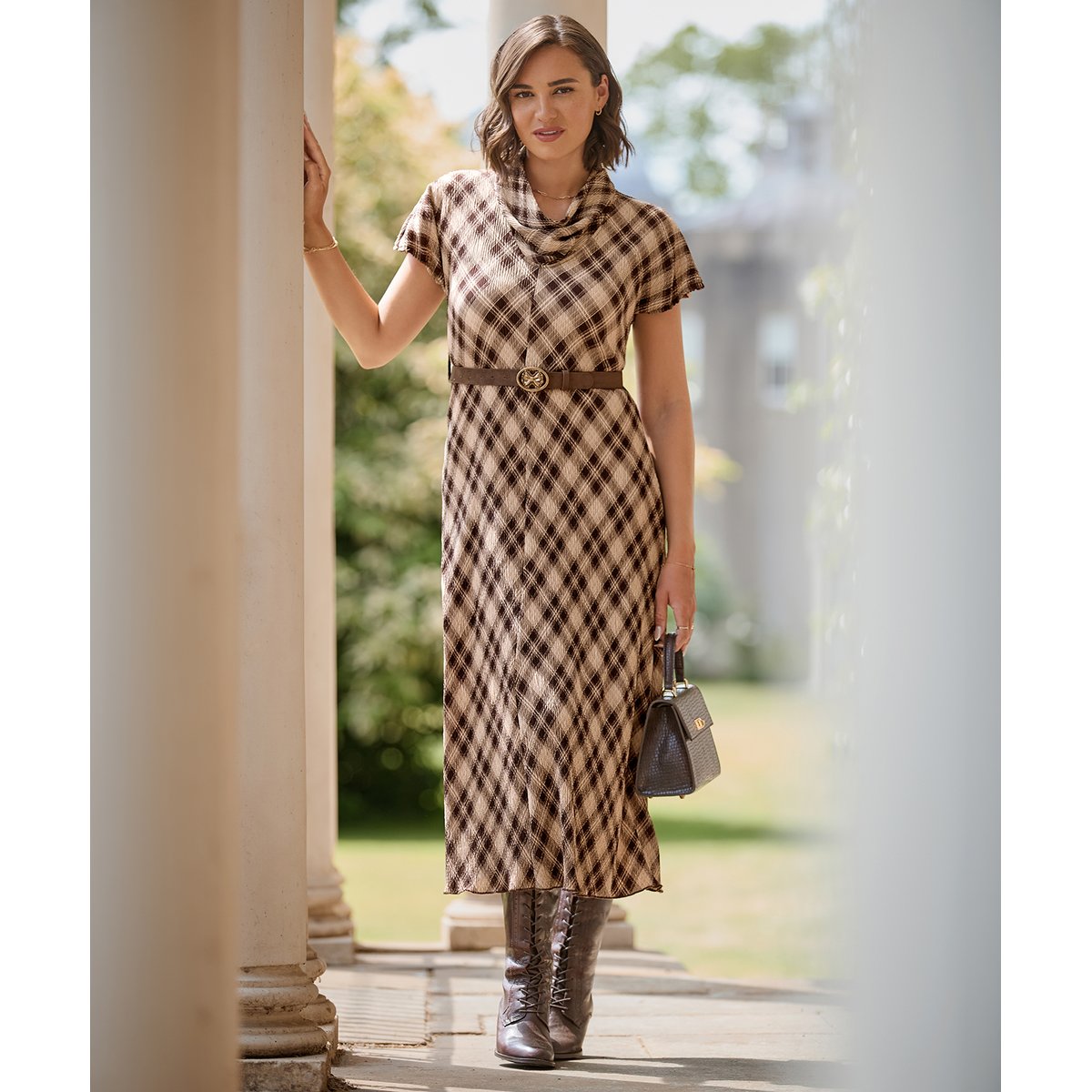Robe Longue Plissée à Col Bénitier Hallie marron, JOE BROWNS