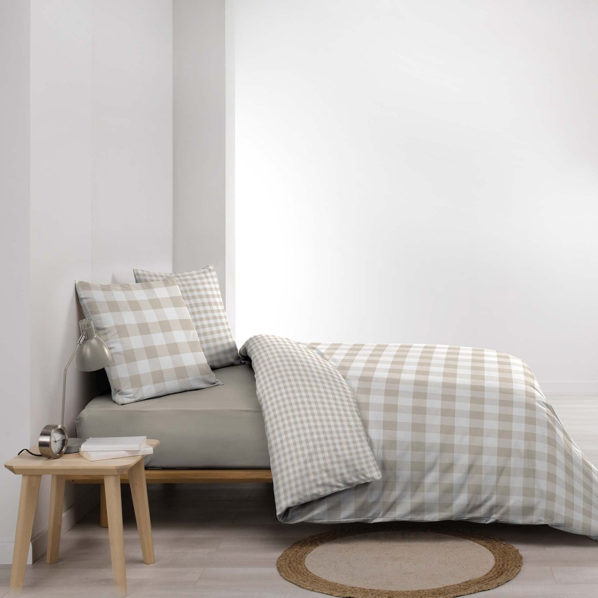 Parure de lit 3 pièces en coton à carreaux housse + taies naturel, DOUCEUR D'INTÉRIEUR