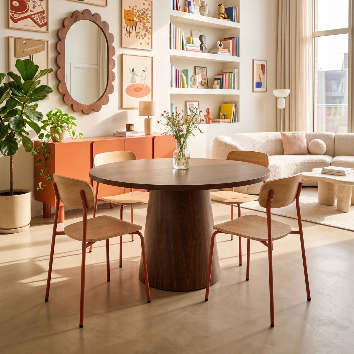 Table à manger ronde effet bois 4 personnes FSC 120 cm, NOELIE bois foncé, OVIALA