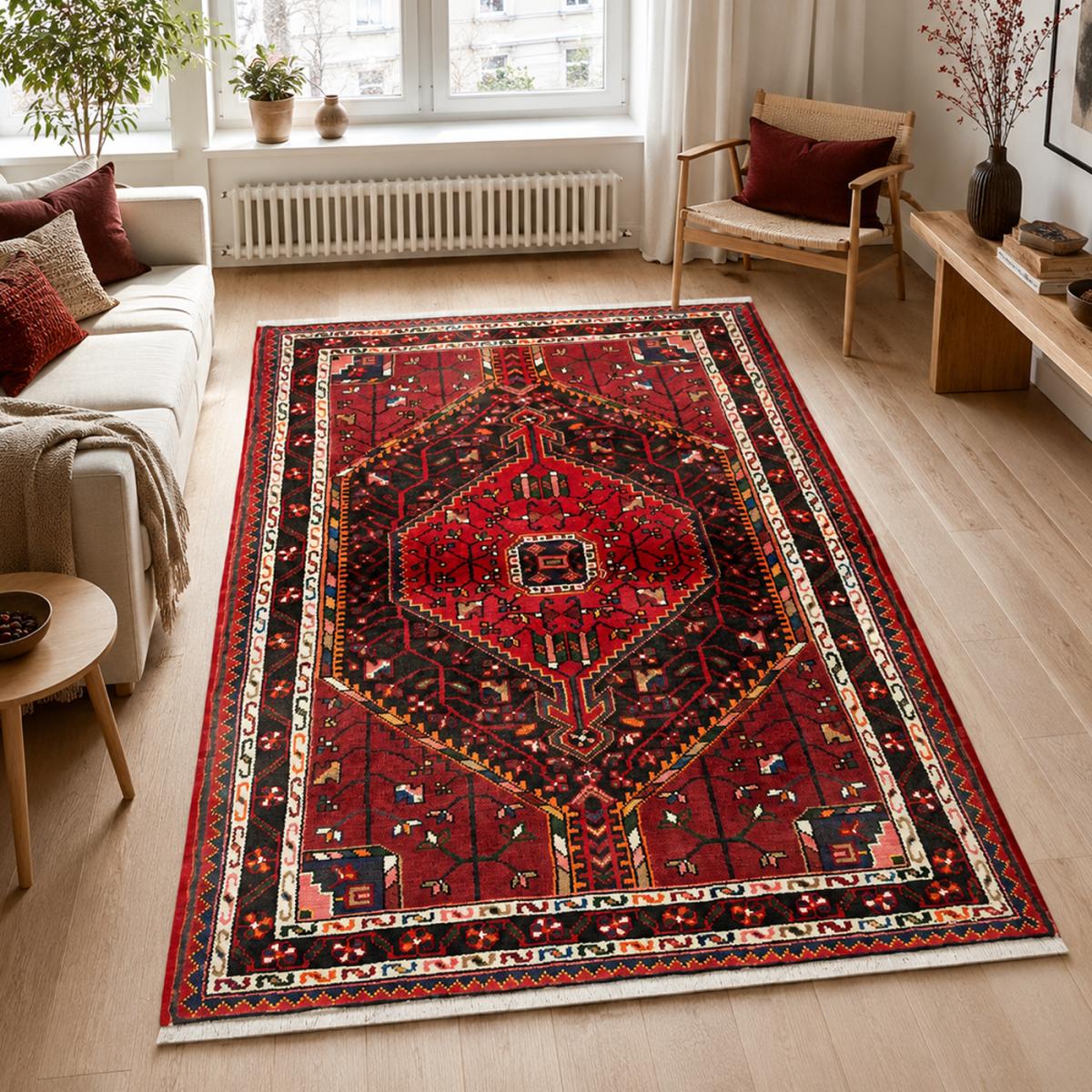 Tapis d'orient au motif oriental, noué à la main, HAMADAN 14 bordeaux, noir, rouge, UN AMOUR DE TAPIS