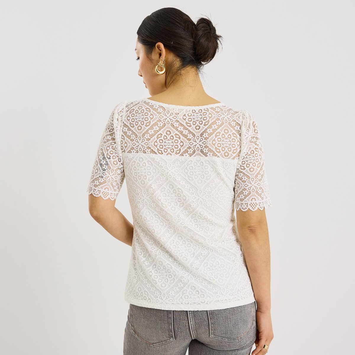 Blouse ajourée col V blanc cassé blanc, GRAIN DE MALICE