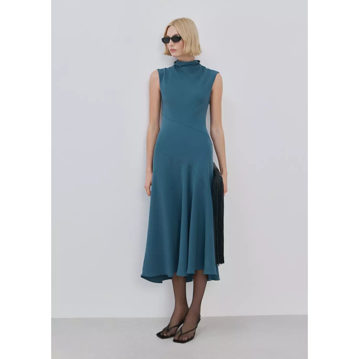 Robe longue à col drapé bleu, MANGO