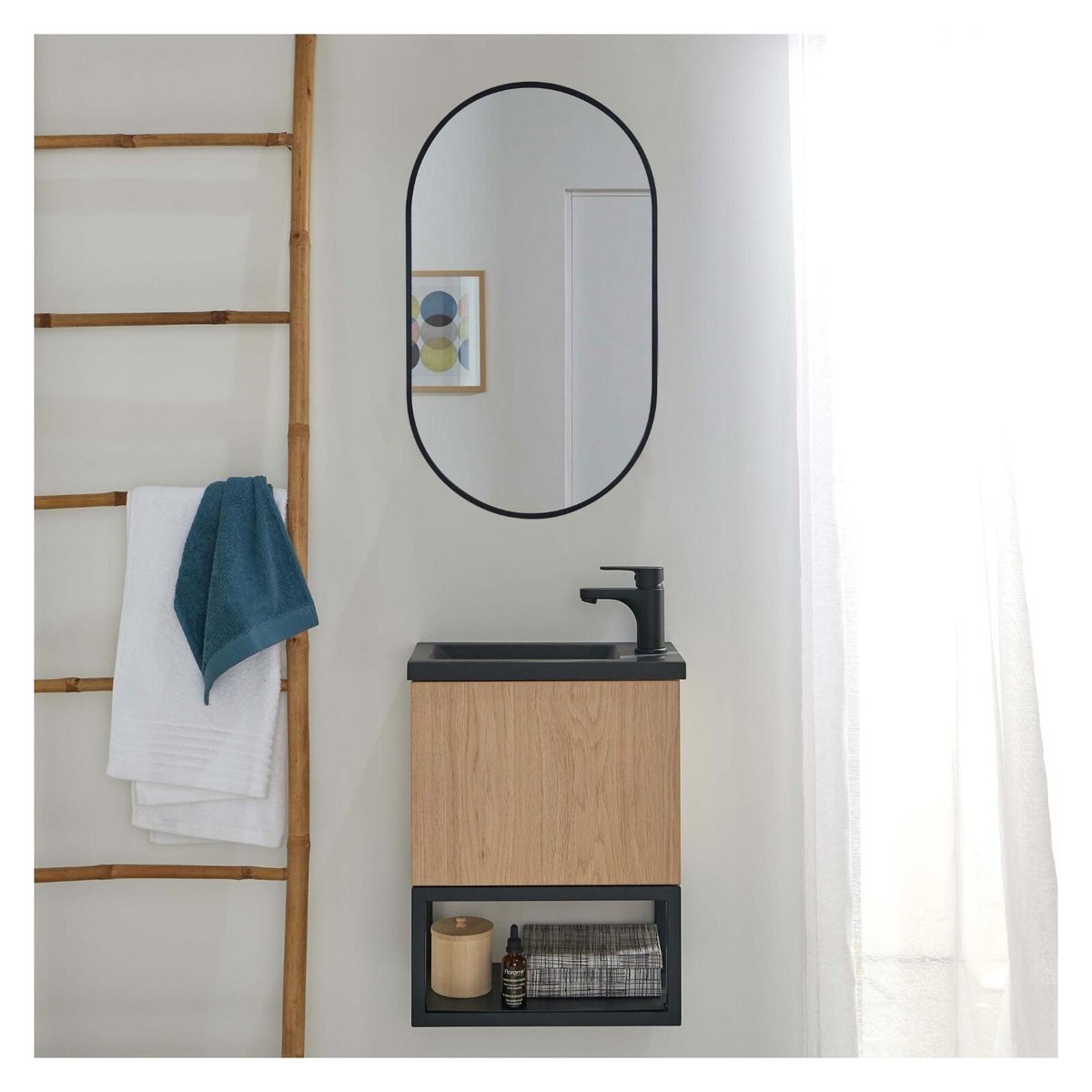 Ensemble lave-mains métal et bois avec miroir ovale NOVA chêne et noir, MOB IN