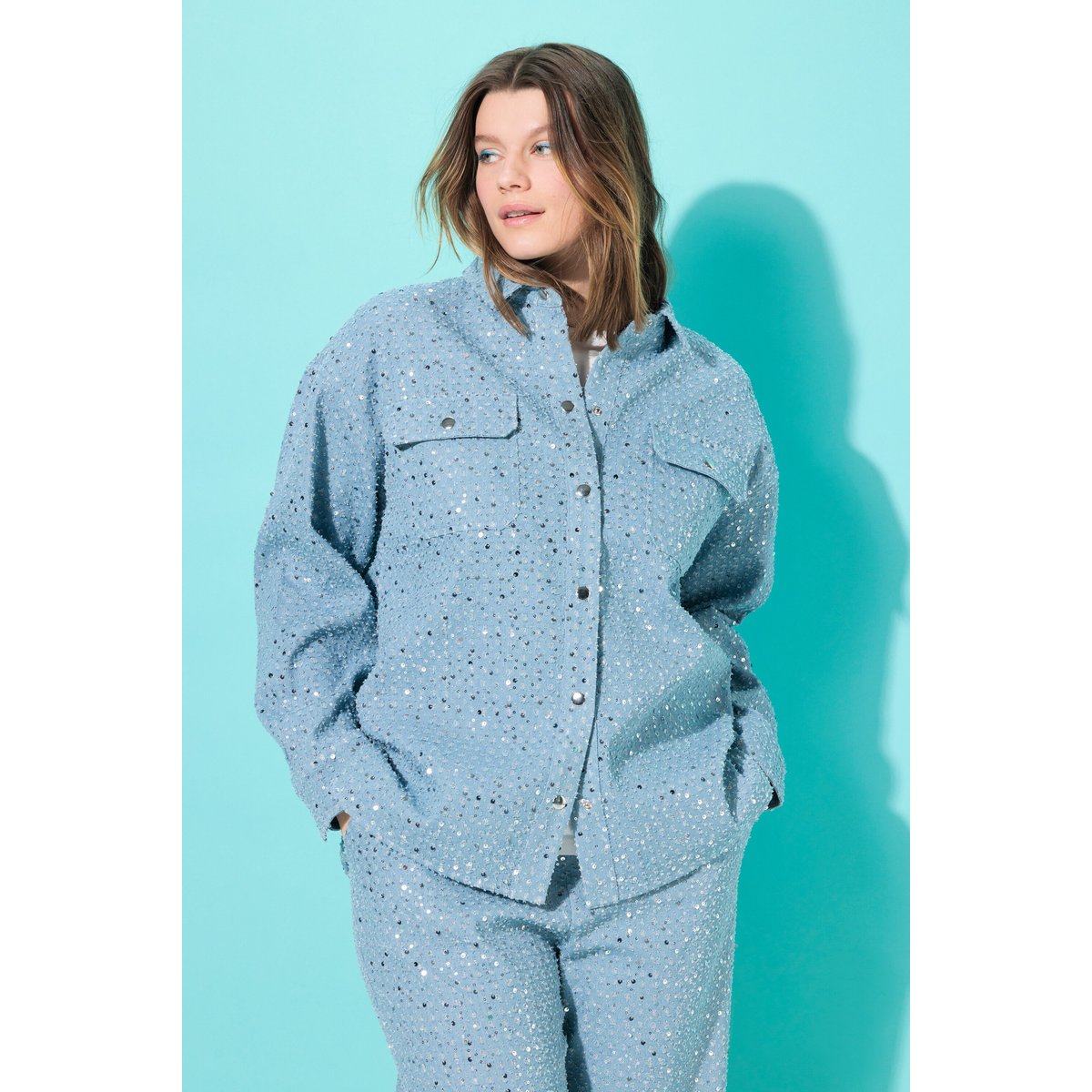 Veste-chemisier aspect jean, paillette bleu clair, STUDIO UNTOLD