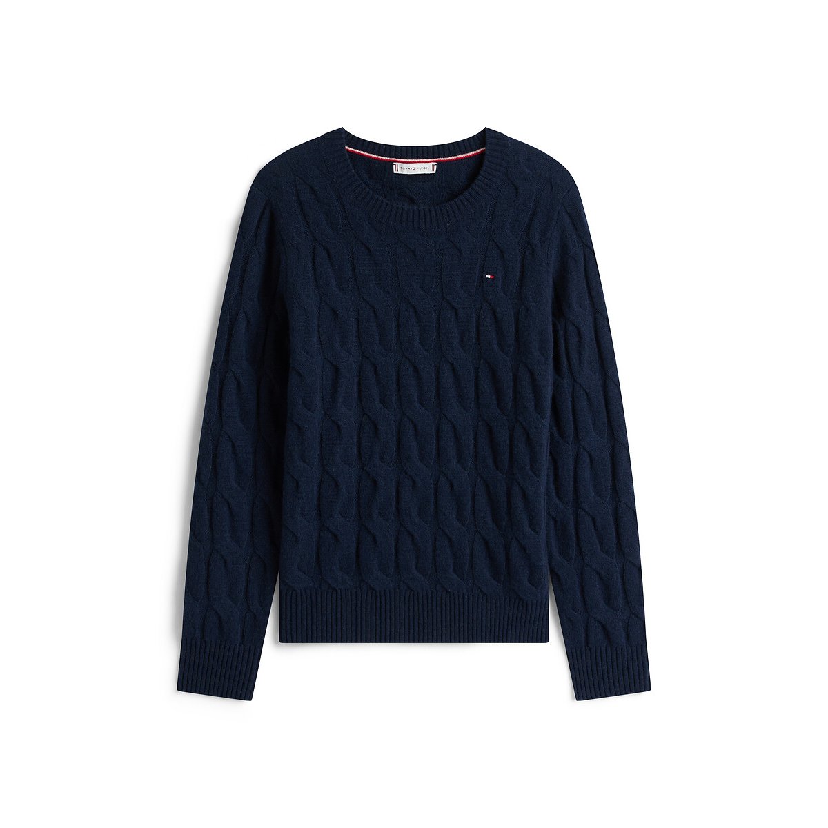 Wool Crew Neck Jumper in Cable Knit navy, TOMMY HILFIGER