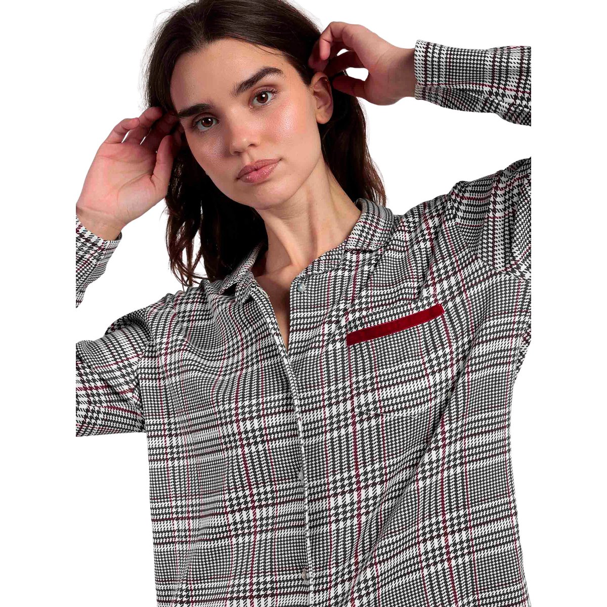 Pyjama pantalon top manches longues Houdstooth gris, ADMAS