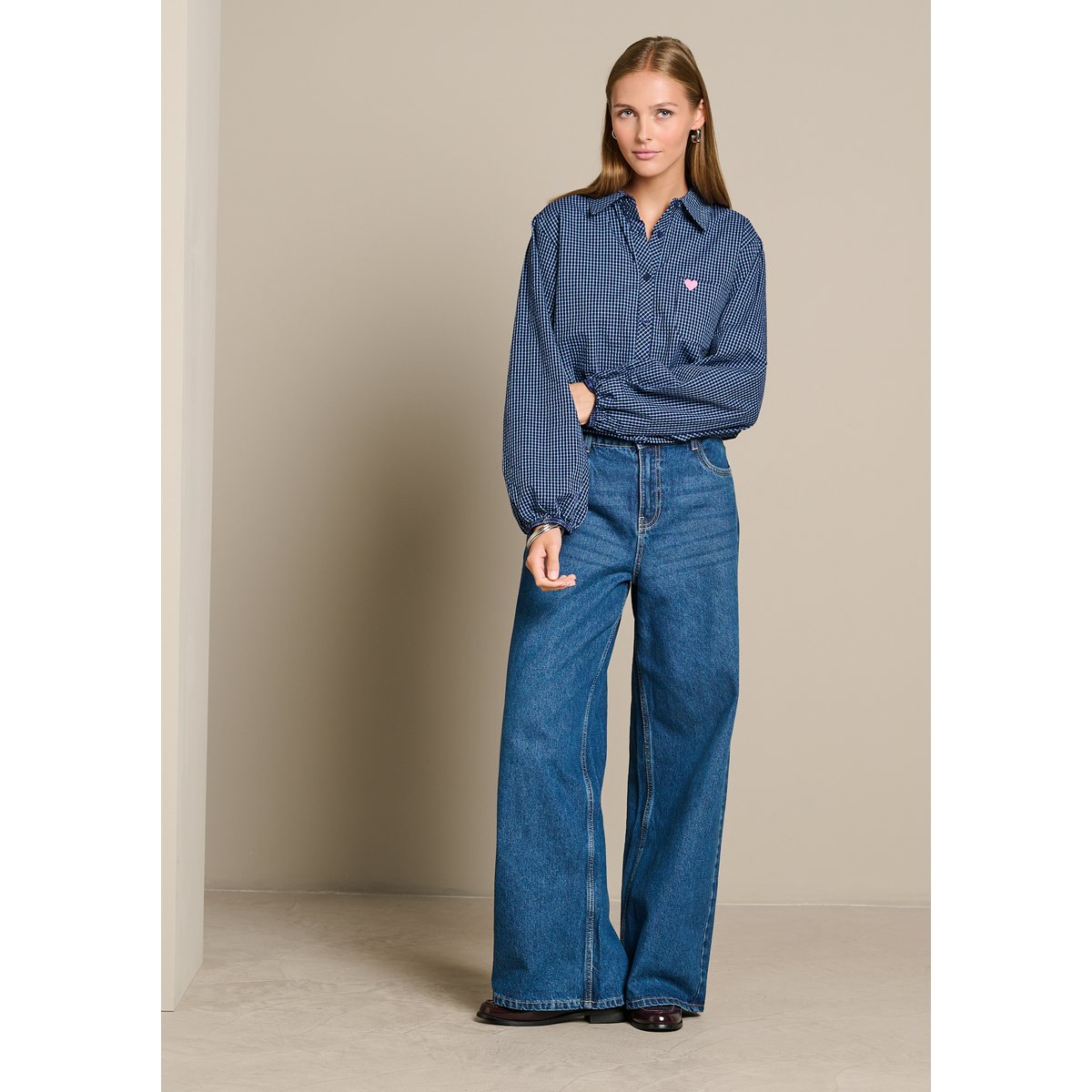 Chemise ballon à carreaux cur brodé bleu marine, LOLALIZA