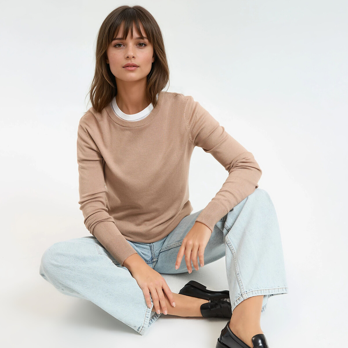 Pull col rond, manches longues beige, LA REDOUTE COLLECTIONS