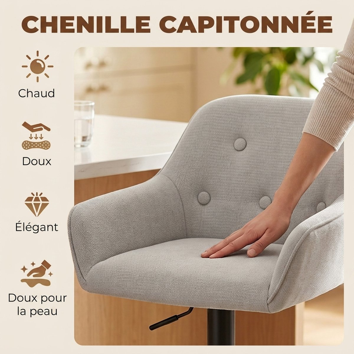 Tabouret de bar Chenille (100 % polyester) gris, noir, HOMCOM