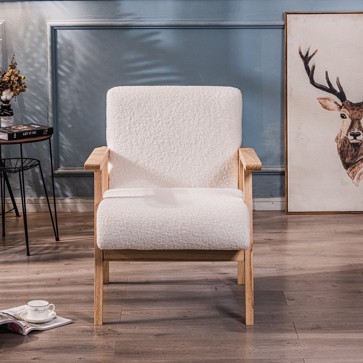 Fauteuil de salon en bois et bouclette, LOUIS blanc cassé, NORDLYS