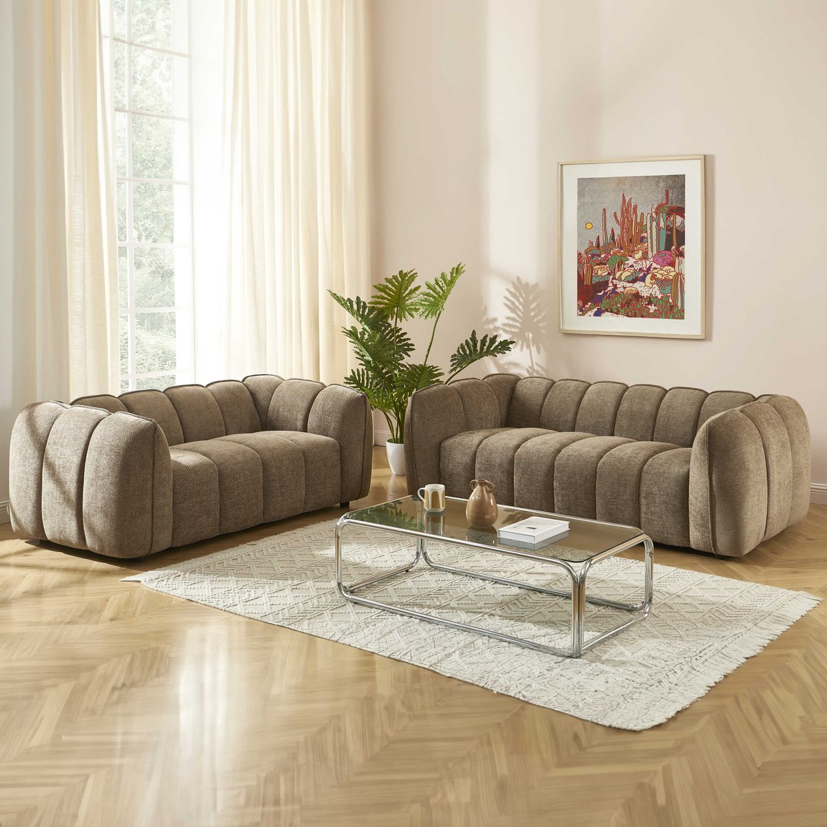 Ensemble canapés droits 3+2 en tissu MATILDA marron, SORELH