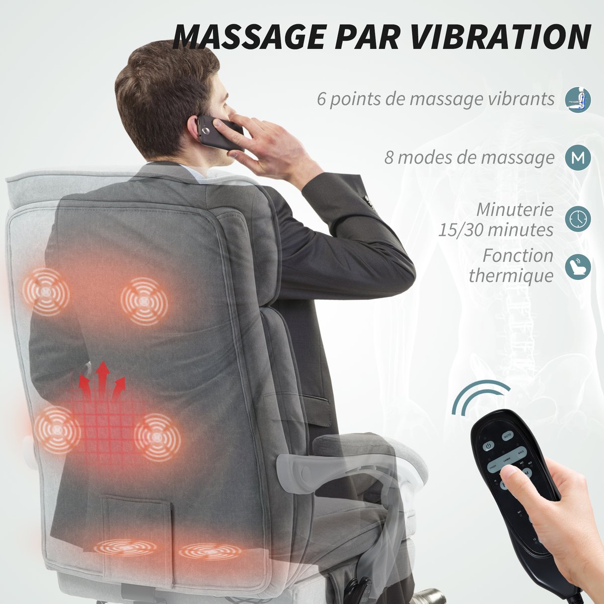 Fauteuil de bureau avec fonction massage gris, HOMCOM