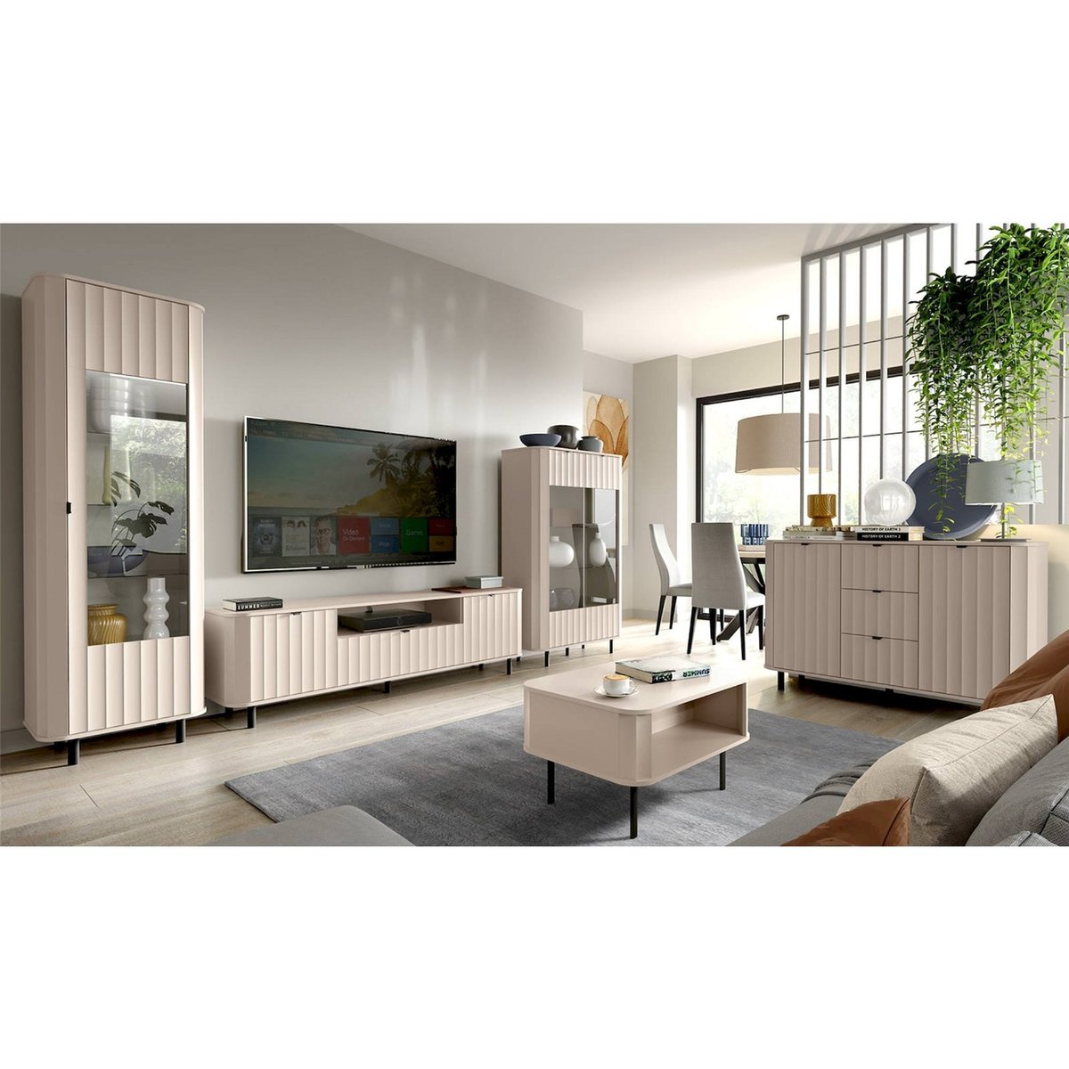 Vitrine basse 2 portes collection NOVADO cachemire mat et noir mat, RECOLLECTION