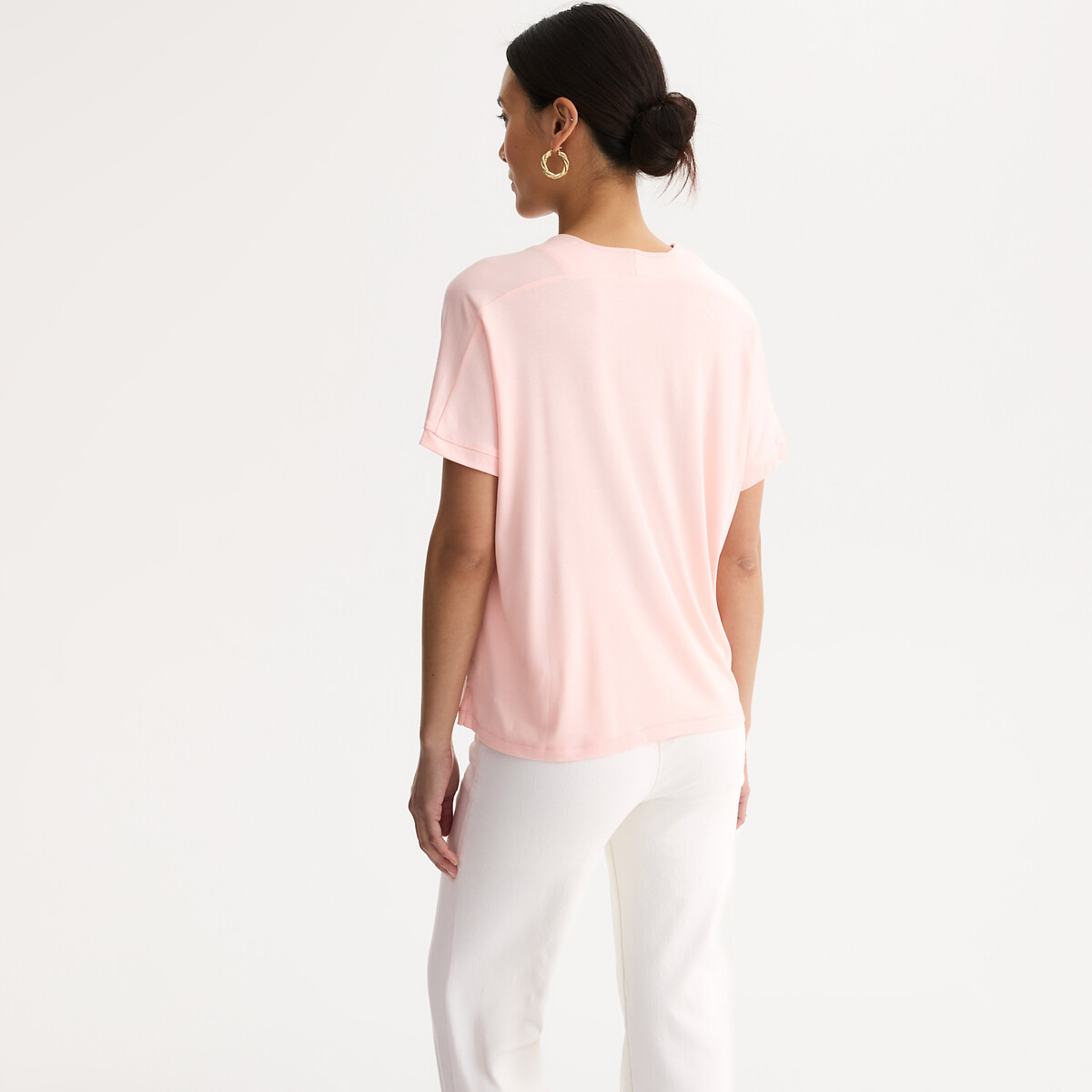 T-shirt col V, manches courtes, en jersey rose, ANNE WEYBURN