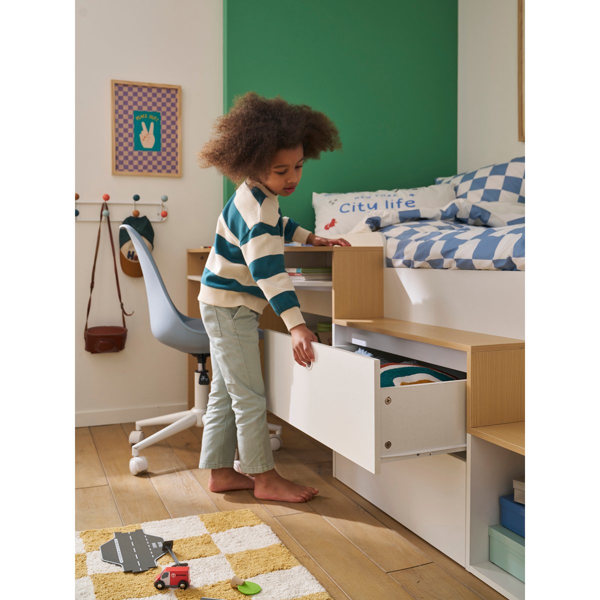 Lit enfant 90x190cm combiné avec bureau et rangement TEEN blanc, VERTBAUDET