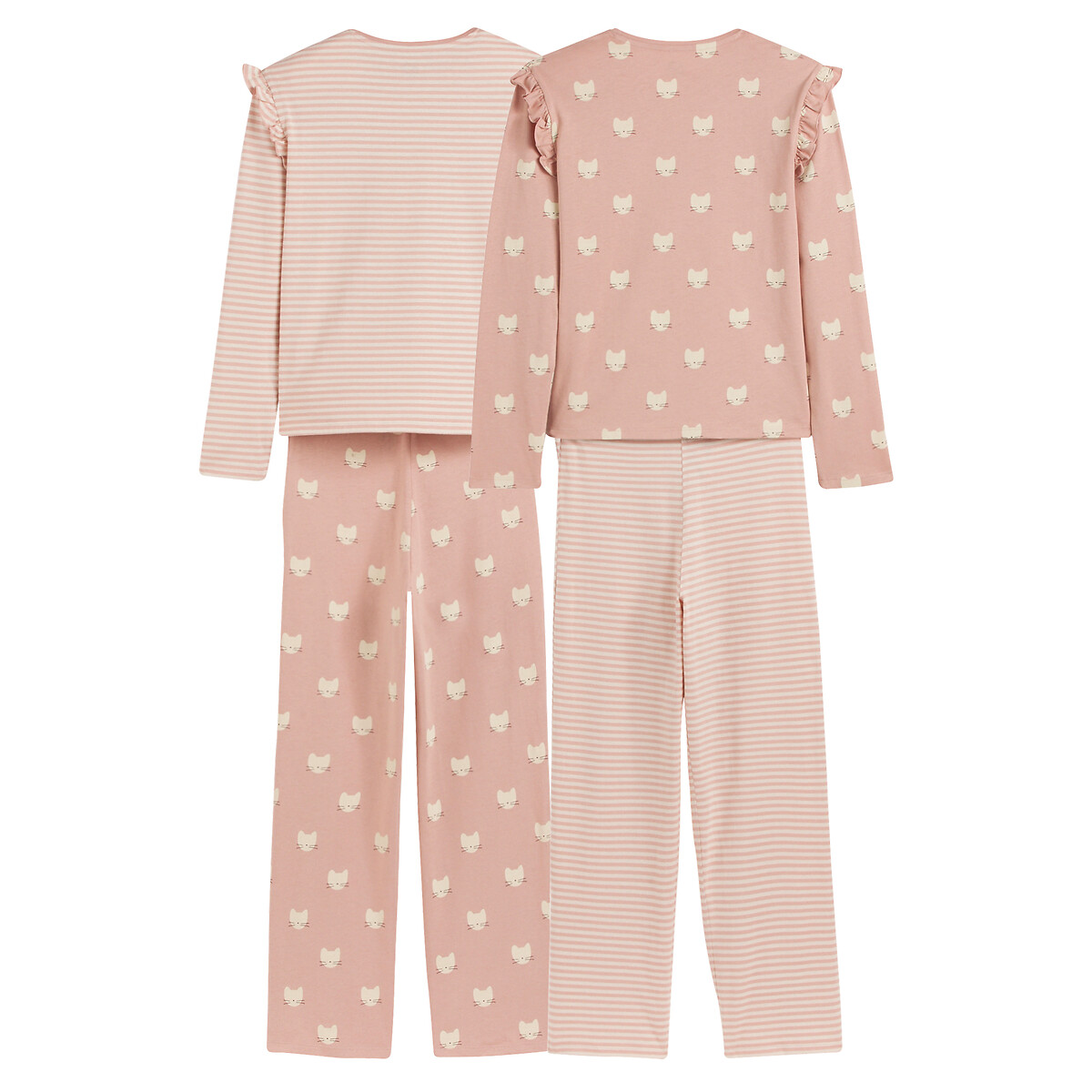 Lot de 2 pyjamas coton, imprimés chats et rayures ecru + rose, LA REDOUTE COLLECTIONS