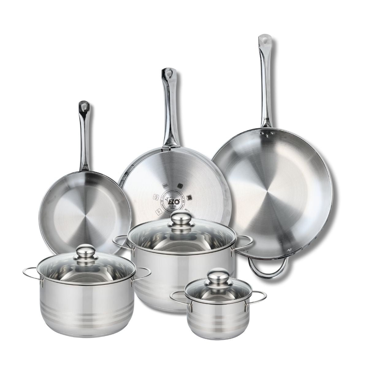 3 poêles 24/28/32cm + 3 faitouts 14/20/24cm PROFI BRILLANT gris, ELO