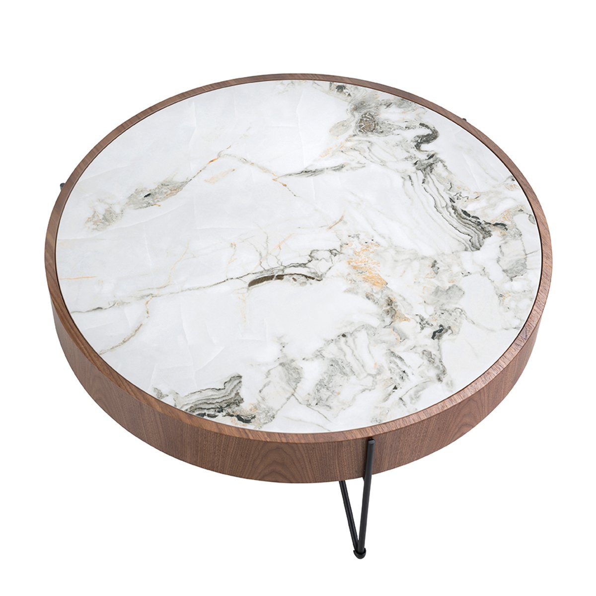Table basse ronde en marbre porcelaine, noyer et acier noir noyer | blanc | noir, ANGEL CERDA
