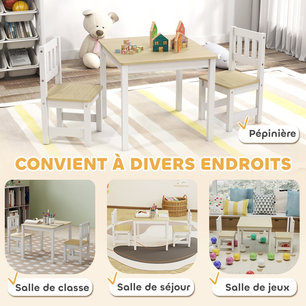 Ensemble table et chaises pour enfants MDF bois naturel, blanc, AIYAPLAY