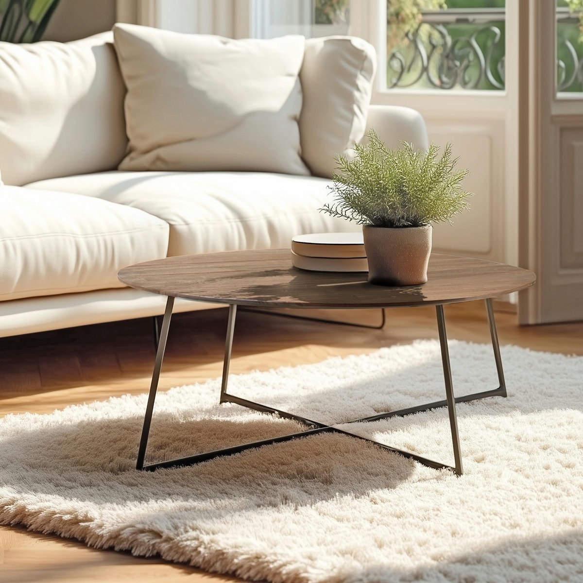 Table basse ronde 80x80cm en bois de mindi pieds en métal noir ARCUS bois naturel, PIER IMPORT