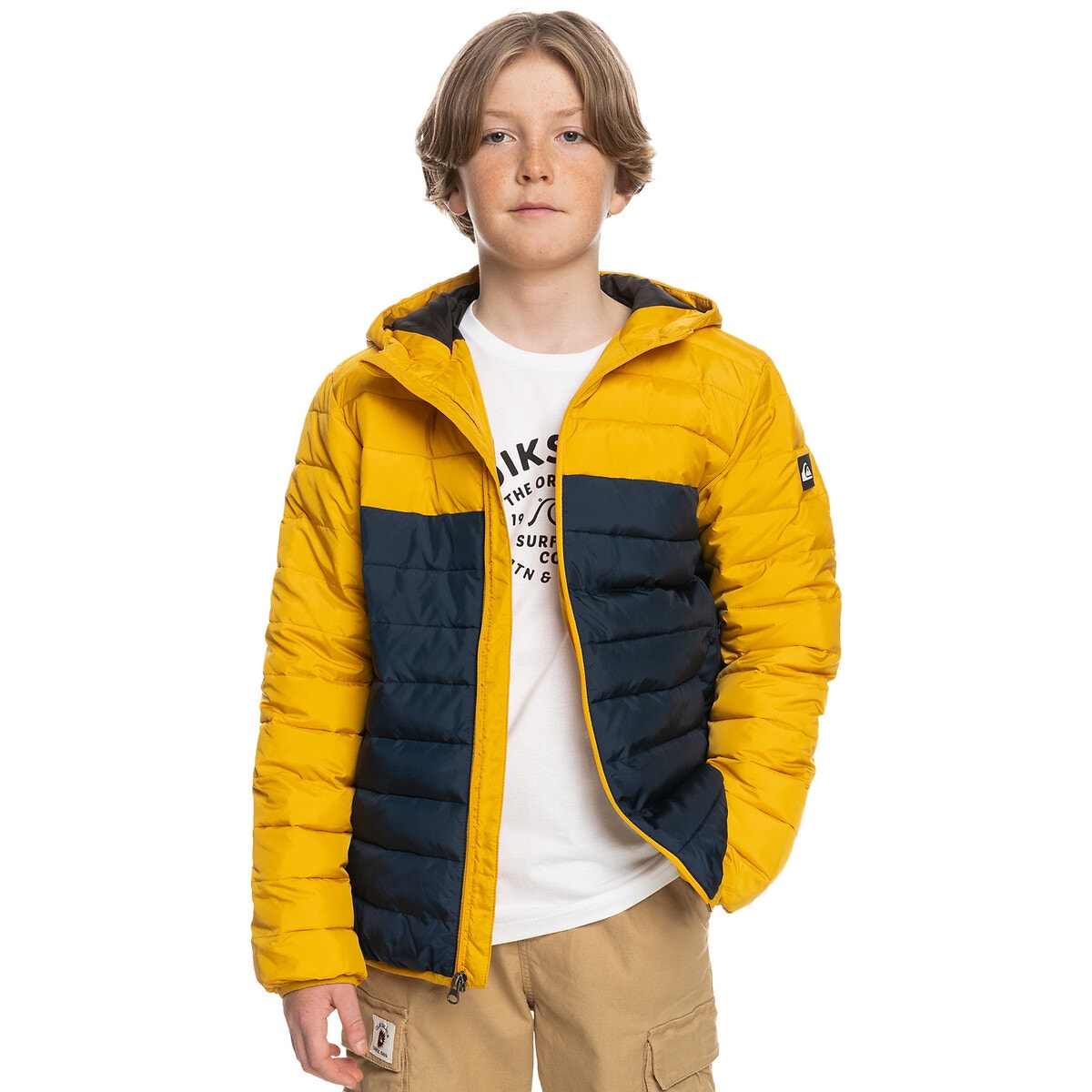 Doudoune à capuche matelassée jaune + bleu marine, QUIKSILVER