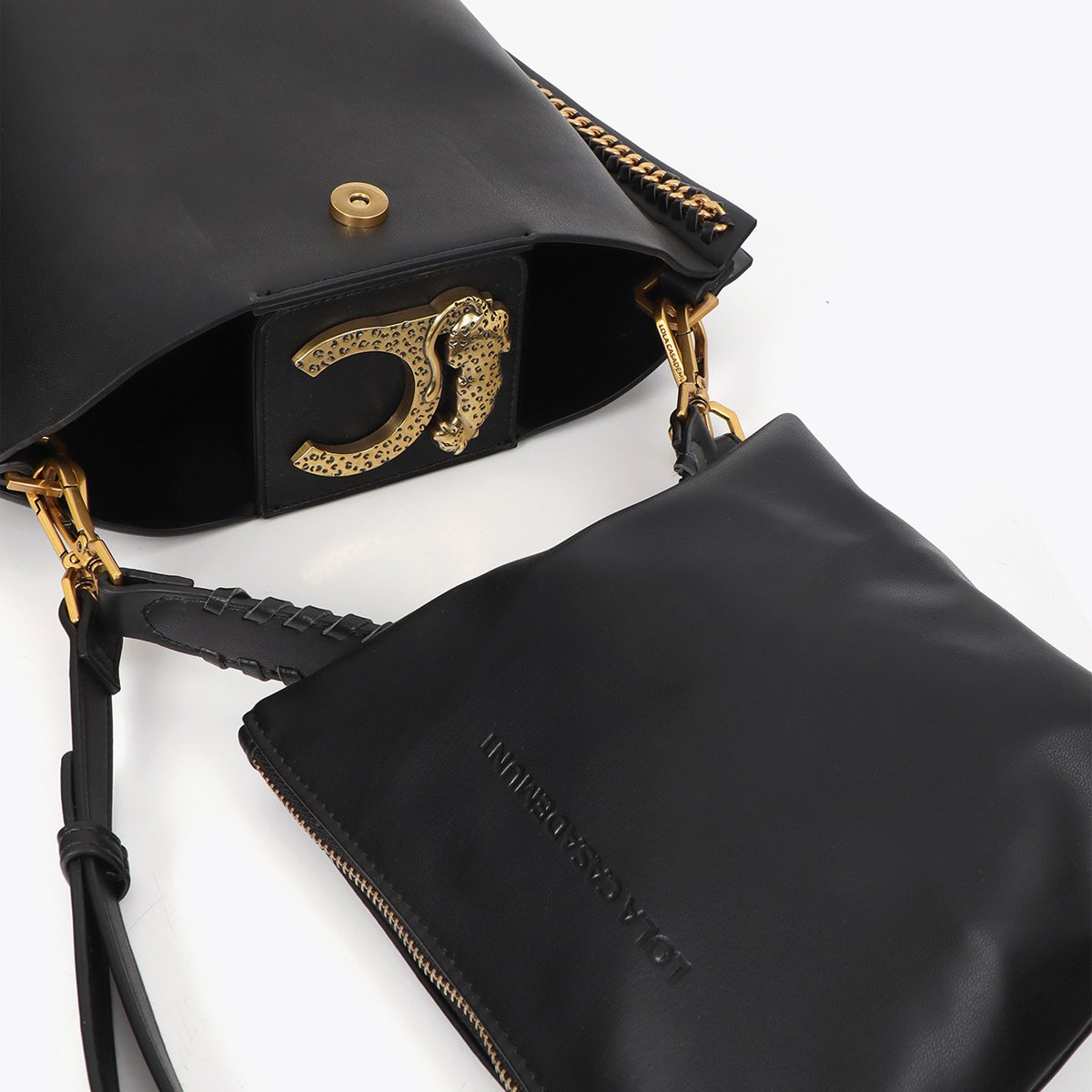 Sac à bandoulière avec chaine à logo léopard noir, LOLA CASADEMUNT