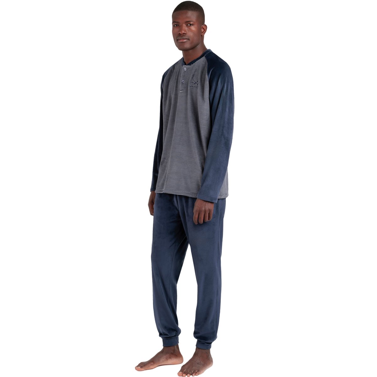 Pyjama velours tenue pantalon top manches longues Basic Stripes bleu marine, ADMAS